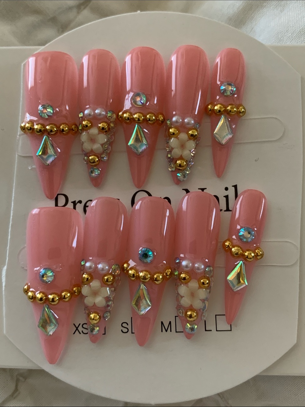 Glam Coral Pink Stiletto Press-On Nails with Gold Bead & Rhinestone Accents